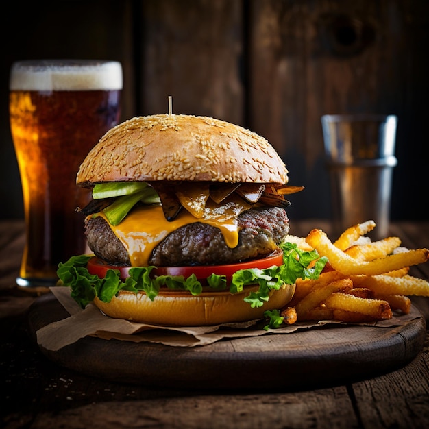Un hamburger avec un cornichon est posé sur une table en bois à côté d'un verre de bière.