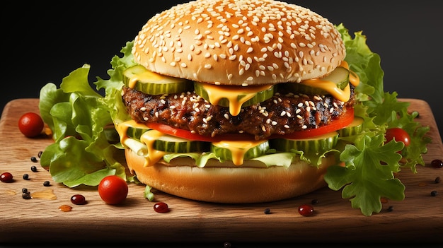 un hamburger avec des cornichons et des tomates sur une planche à couper.