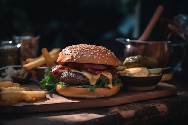 Un hamburger avec un côté de cornichons et un cornichon sur une table.