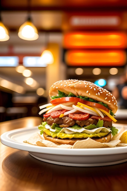 Un hamburger avec un côté de frites sur une table