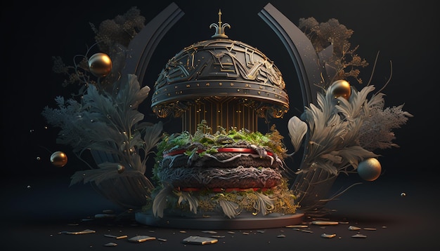 Un hamburger avec une couronne dorée dessus