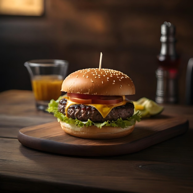 un hamburger avec un cure-dents est assis sur une table en bois