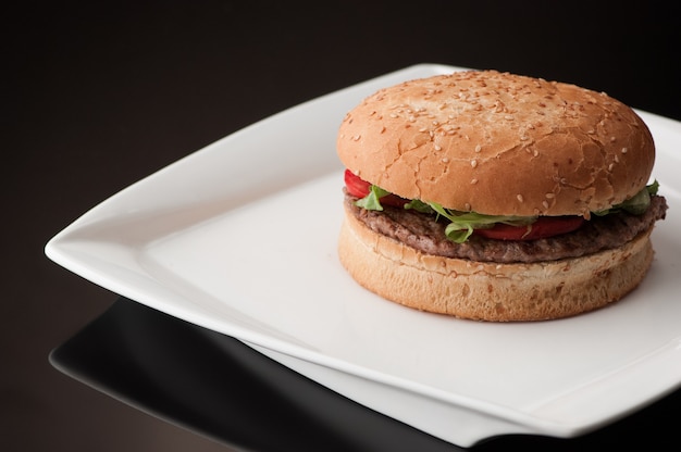 Hamburger dans une assiette carrée blanche