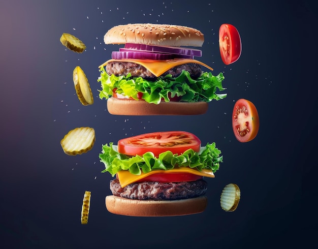 Un hamburger déconstruit avec ses ingrédients flottant en l'air présentant de la laitue fraîche, du fromage tomate, des galettes de bœuf triples et des anneaux d'oignon