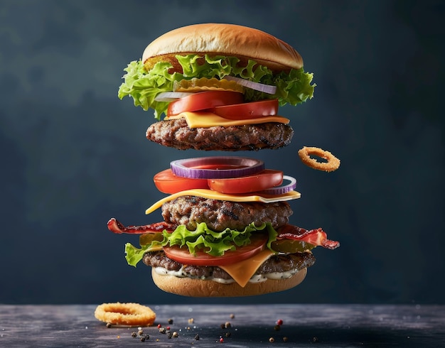 Un hamburger déconstruit avec ses ingrédients flottant en l'air présentant de la laitue fraîche, du fromage tomate, des galettes de bœuf triples et des anneaux d'oignon