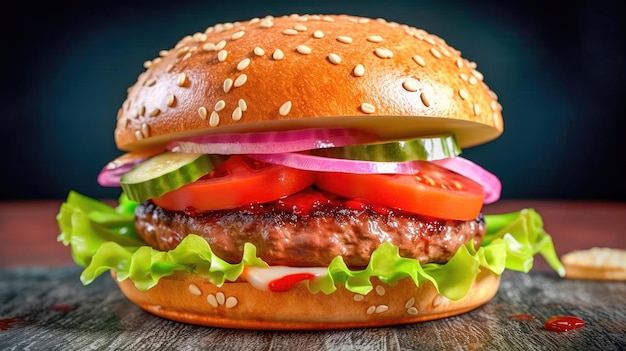 Un hamburger délicieux qui déborde de saveur, un hamburger fait de bœuf et de porc avec du fromage, de la laitue, de la tomate et des oignons.