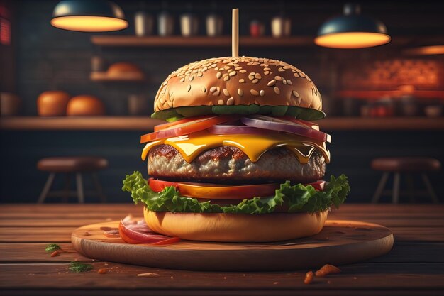 Un hamburger délicieux sur une table en bois.