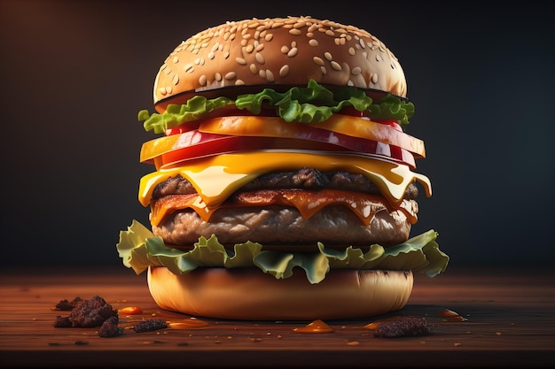 Un hamburger délicieux sur une table en bois.