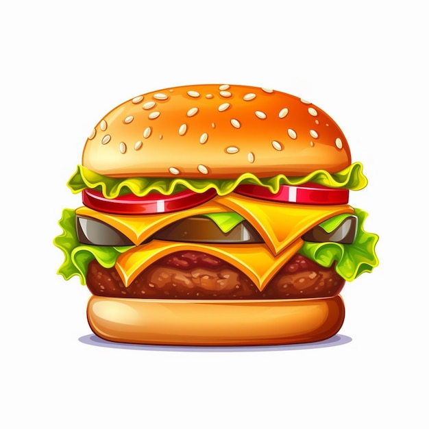 Un hamburger de dessin animé avec du fromage et de la laitue sur un fond blanc ai génératif