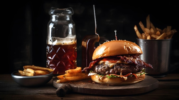 Un hamburger avec du bacon dessus et une bouteille de bière à côté