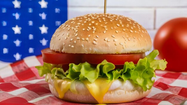 un hamburger avec du fromage et un drapeau derrière