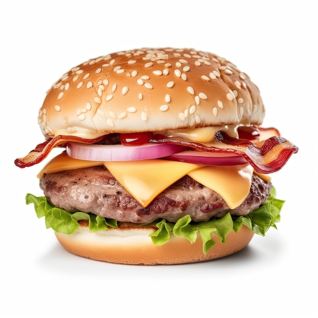 Un hamburger avec du fromage, du bacon et des oignons dessus.