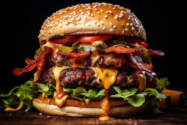Un hamburger avec du fromage et du ketchup est montré sur un fond noir.