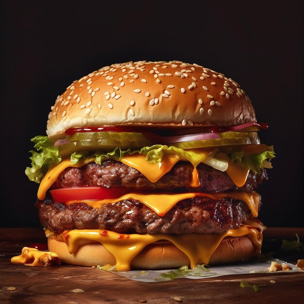 un hamburger avec du fromage et du ketchup est sur une table.