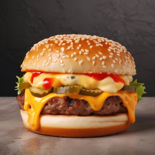 Un hamburger avec du fromage, du ketchup et de la moutarde dessus.