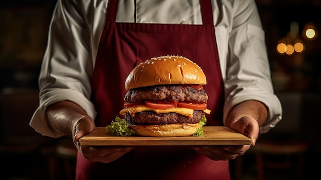 Un hamburger avec du fromage est tenu par un chef.