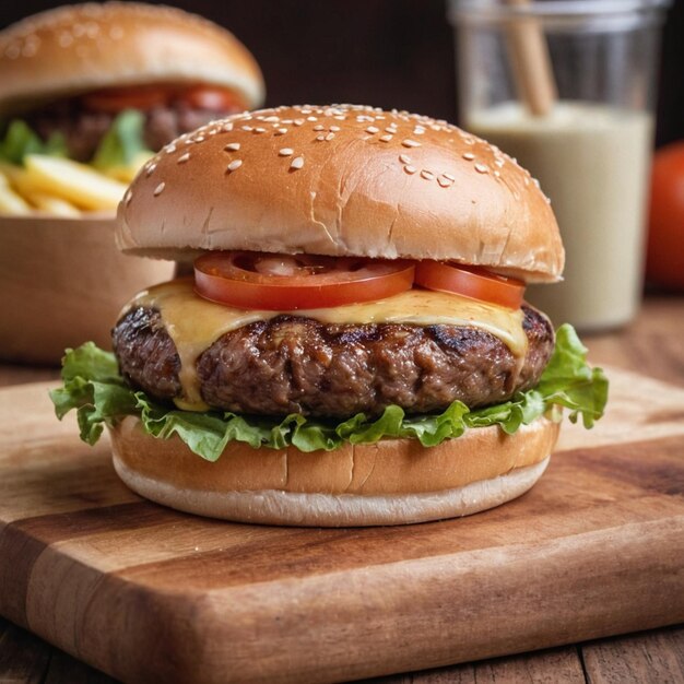 un hamburger avec du fromage fondu sur une table en bois