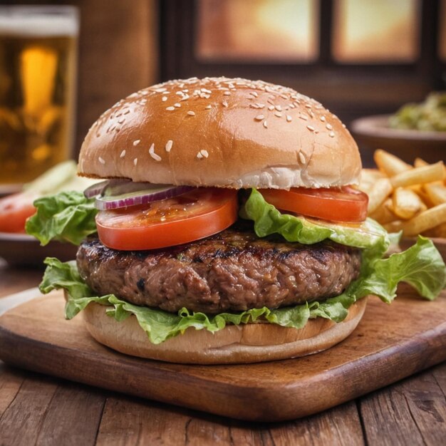 un hamburger avec du fromage fondu sur une table en bois