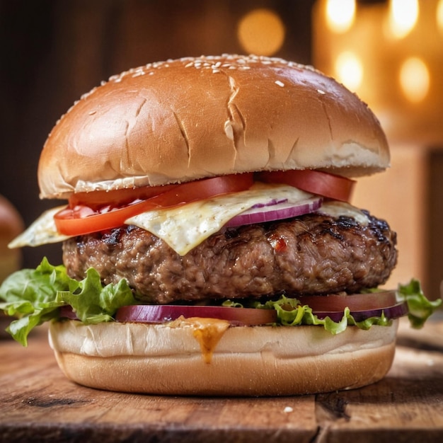 un hamburger avec du fromage fondu sur une table en bois