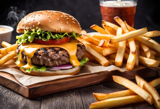 un hamburger avec du fromage et des frites sur une table