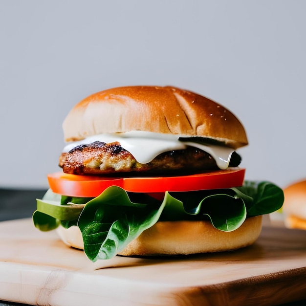 Un hamburger avec du fromage et de la laitue sur une planche à couper.