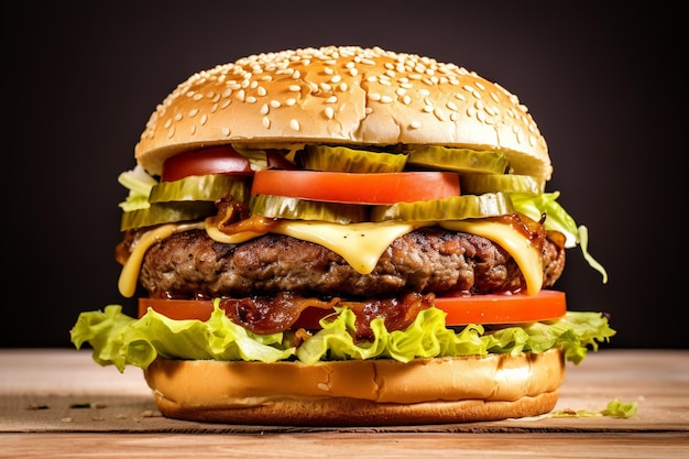 Un hamburger avec du fromage, de la laitue, de la tomate et des cornichons sur une table en bois.