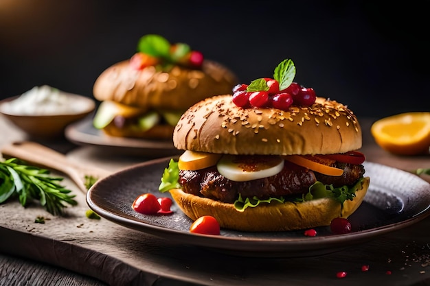 Photo un hamburger avec du fromage et des légumes sur une assiette