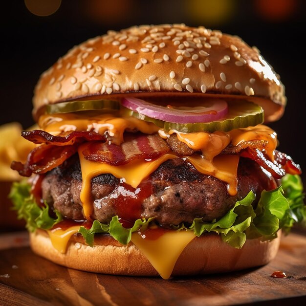 un hamburger avec du fromage et des oignons est posé sur une table.