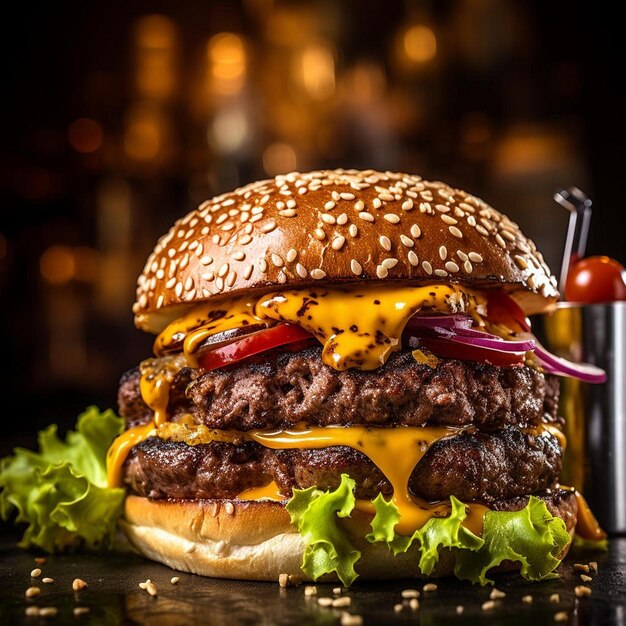 un hamburger avec du fromage, des oignons et de la laitue