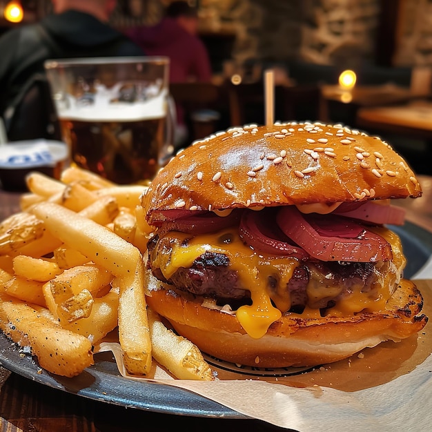 un hamburger avec du fromage et des oignons sur une table