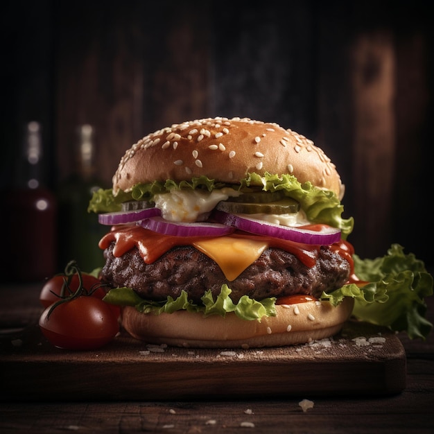 Un hamburger avec du fromage, des oignons et des tomates sur une planche de bois.