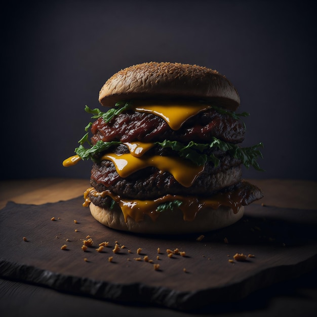 Un hamburger avec du fromage et de la sauce est posé sur une table.