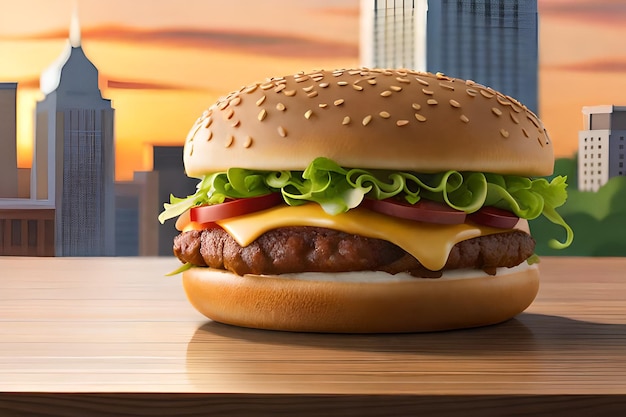 Un hamburger avec du fromage et de la tomate est posé sur une table en bois.