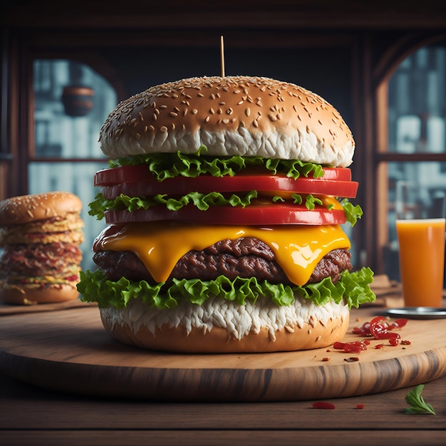 Un hamburger avec du fromage et de la tomate est posé sur une table.