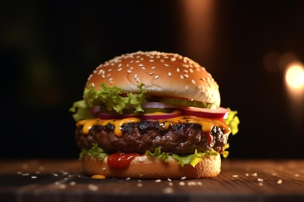 Un hamburger avec du fromage, de la tomate et de l'oignon sur une table en bois.