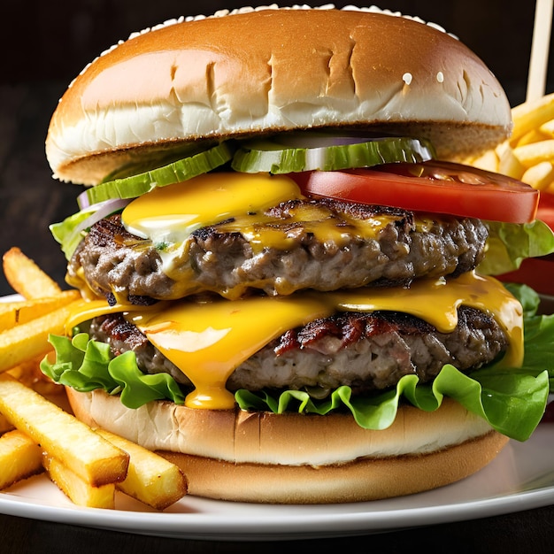 un hamburger avec du fromage et des tomates sur une assiette