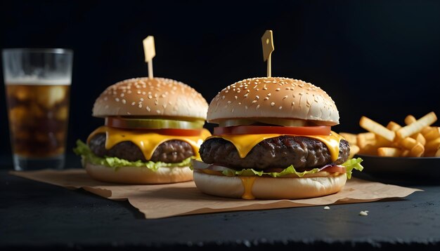 Un hamburger avec du fromage et une tranche de laitue sur un fond sombre