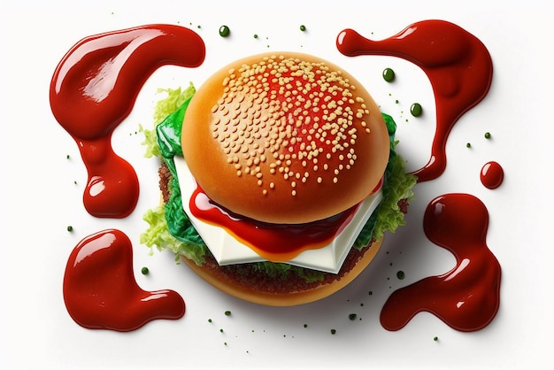 Un hamburger avec du ketchup dessus et du ketchup au fond.