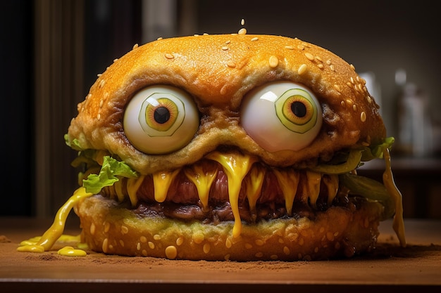 Photo un hamburger effrayant avec un visage effrayant dessus