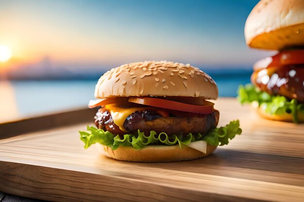 Un hamburger est assis sur une planche de bois avec un coucher de soleil en arrière-plan.