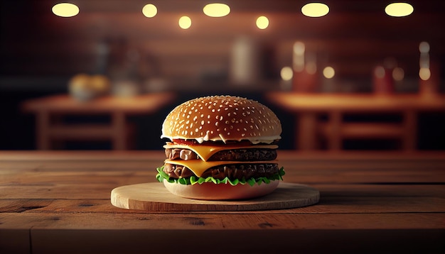 Un hamburger est assis sur une table en bois devant un arrière-plan flou.