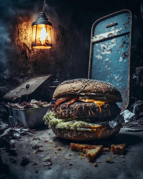 Un hamburger est assis sur une table dans une pièce sombre avec une porte cassée et une casserole cassée.