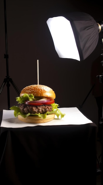 Un hamburger est assis sur une table devant une lumière.