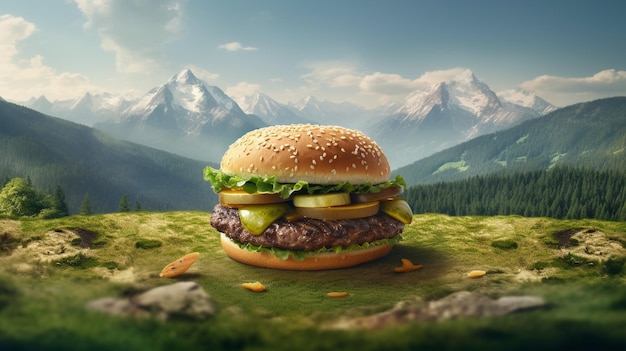 Un hamburger est sur une colline avec des montagnes en arrière-plan.