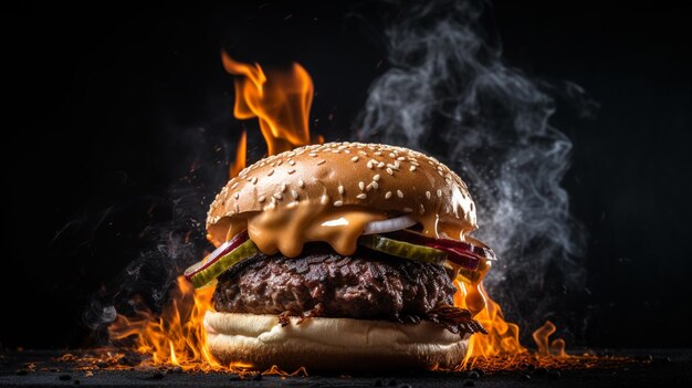 Un hamburger est en feu dans un grill