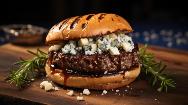 Ce hamburger est méticuleusement conçu pour s'assurer que chaque élément, de la pâte de bœuf parfaitement cuite à la saveur prononcée du fromage bleu, se réunit dans une symphonie harmonieuse de goût.