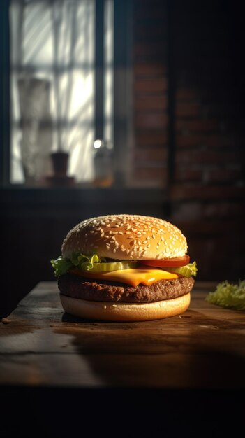 Un hamburger est posé sur une table devant une fenêtre.