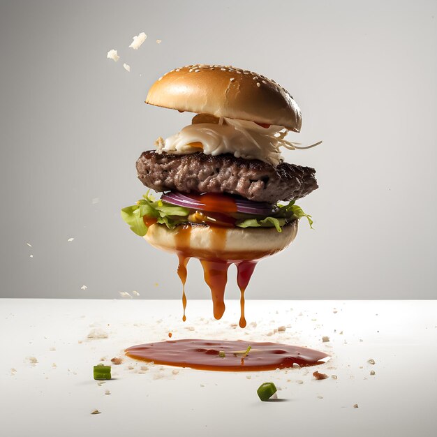 Un hamburger est suspendu dans les airs et la sauce en tombe.