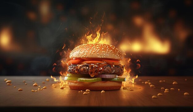 un hamburger est sur la table avec des flammes qui en sortent