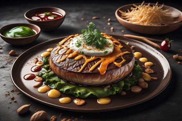 Hamburger fait maison avec des légumes frais et des épices sur un fond en bois foncé ai génératif